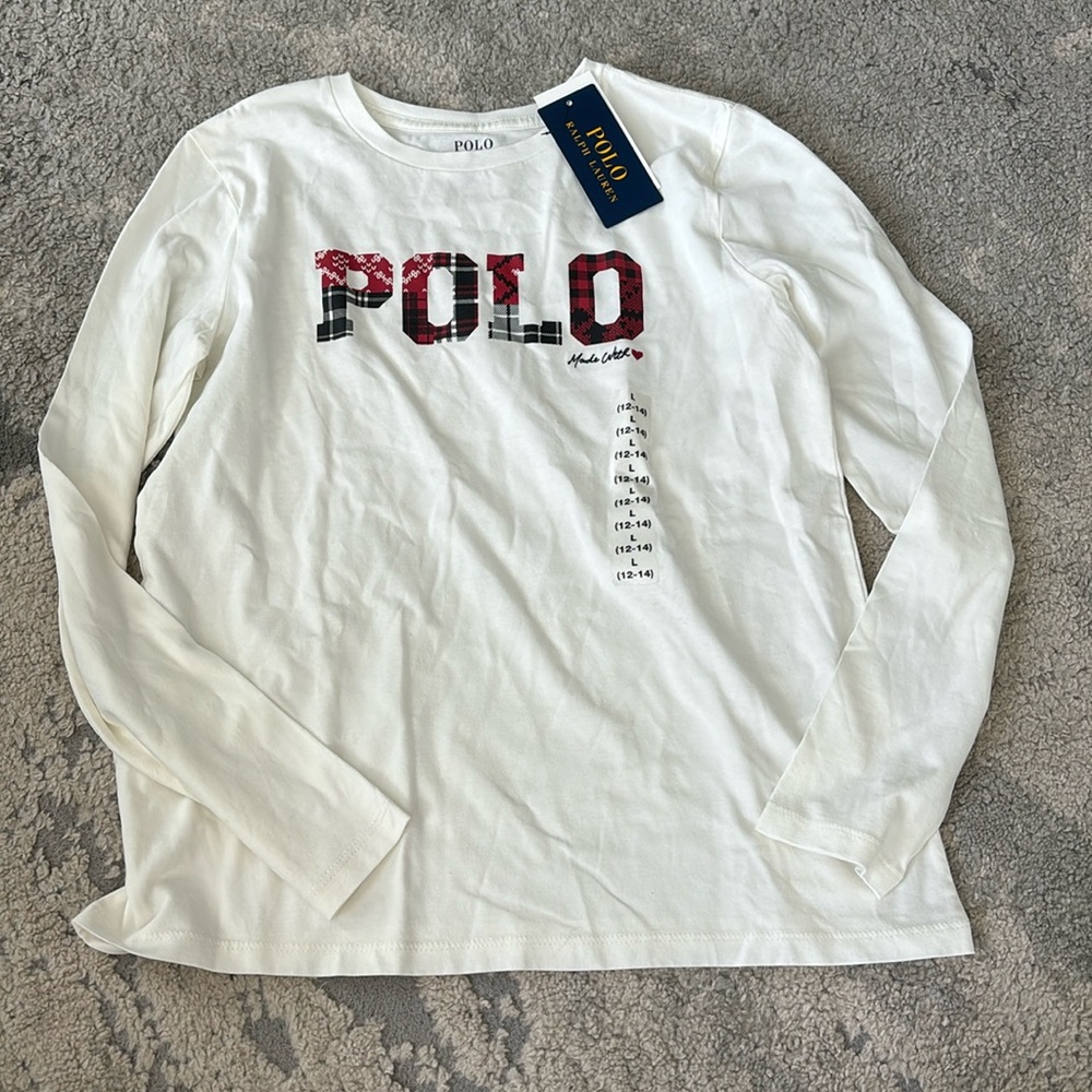 Ralph Lauren White Long Sleeve Tee with Red & Black Plaid POLO Logo NWT
